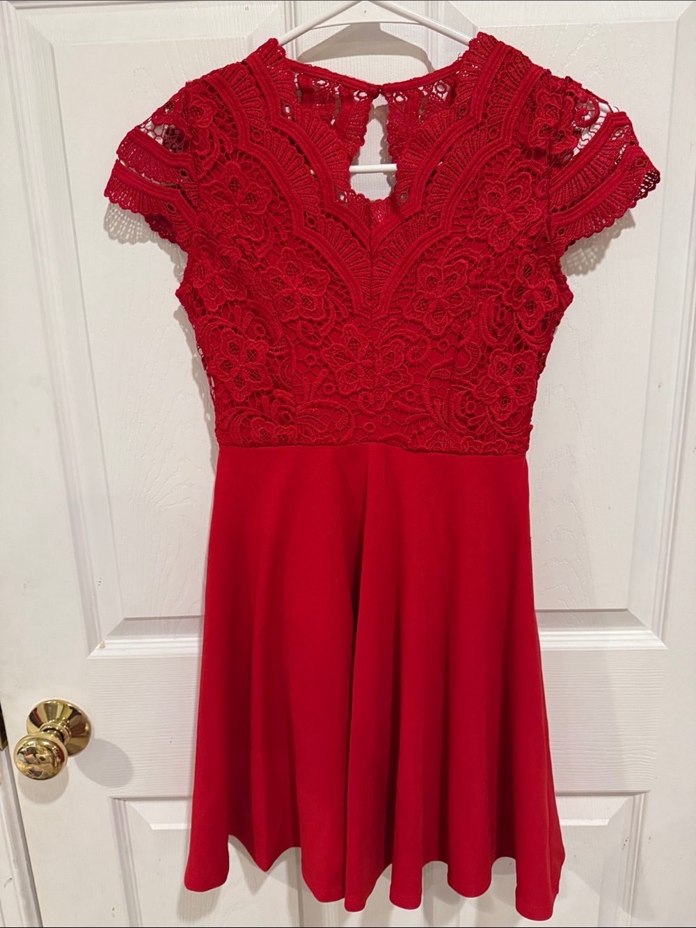 Rare Editions Red Vneck Cap Sleeve Lace Skater Dress